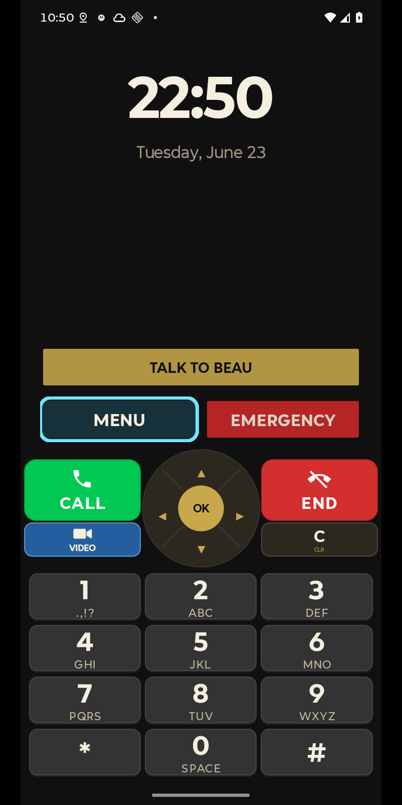 Gammy home screen with a large clock, Talk to Beau button, and keypad